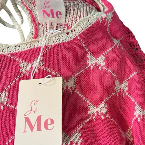 SO ME Pink Bow Ribbon Pattern Sweater Top with Back Key Hole Size Large NWT - Picture 12 of 13